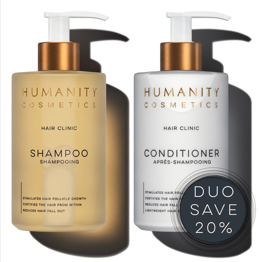 DUO SET - HAIR CLINIC SHAMPOO & CONDITIONER - DHT blocking Red Clover & Ginkgo - Vitamins B3 & B5 - Caffeine - Keratin & Wheat Protein - Reduces Hair fallout, Improves Texture, Density & Thickness of the Hair